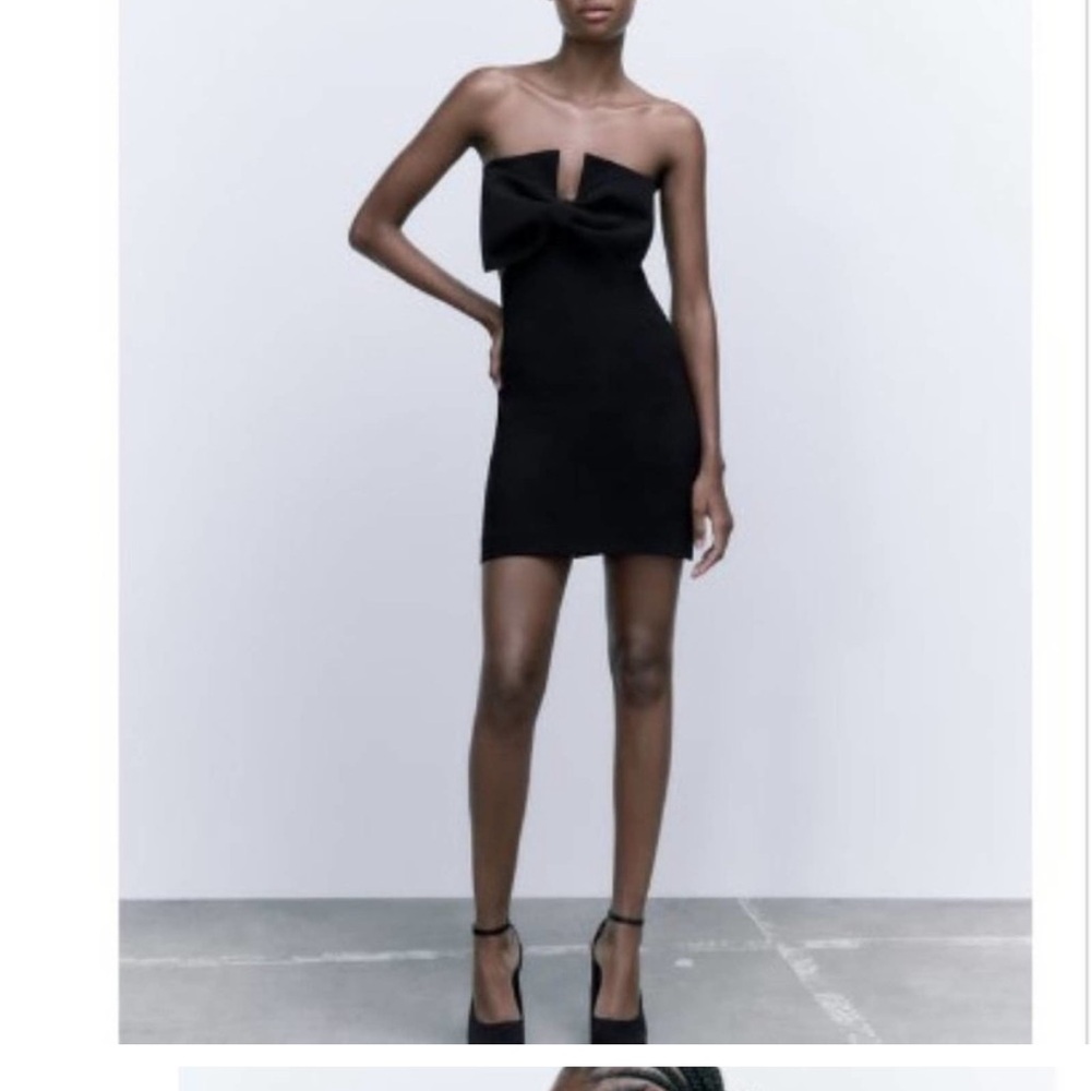 Zara Black Strapless Bodycon Dress Cocktail With Bow